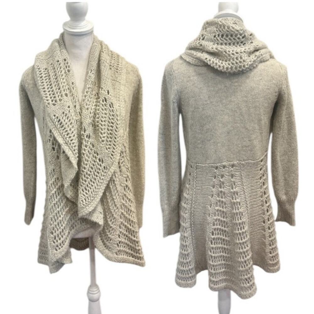 Y2K Cache Beige Crochet Open Shawl Collar Tunic Cardigan Boho‎ Fairy Lagenlook S